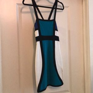 Royal Blue, Turquoise and White cocktail dress.